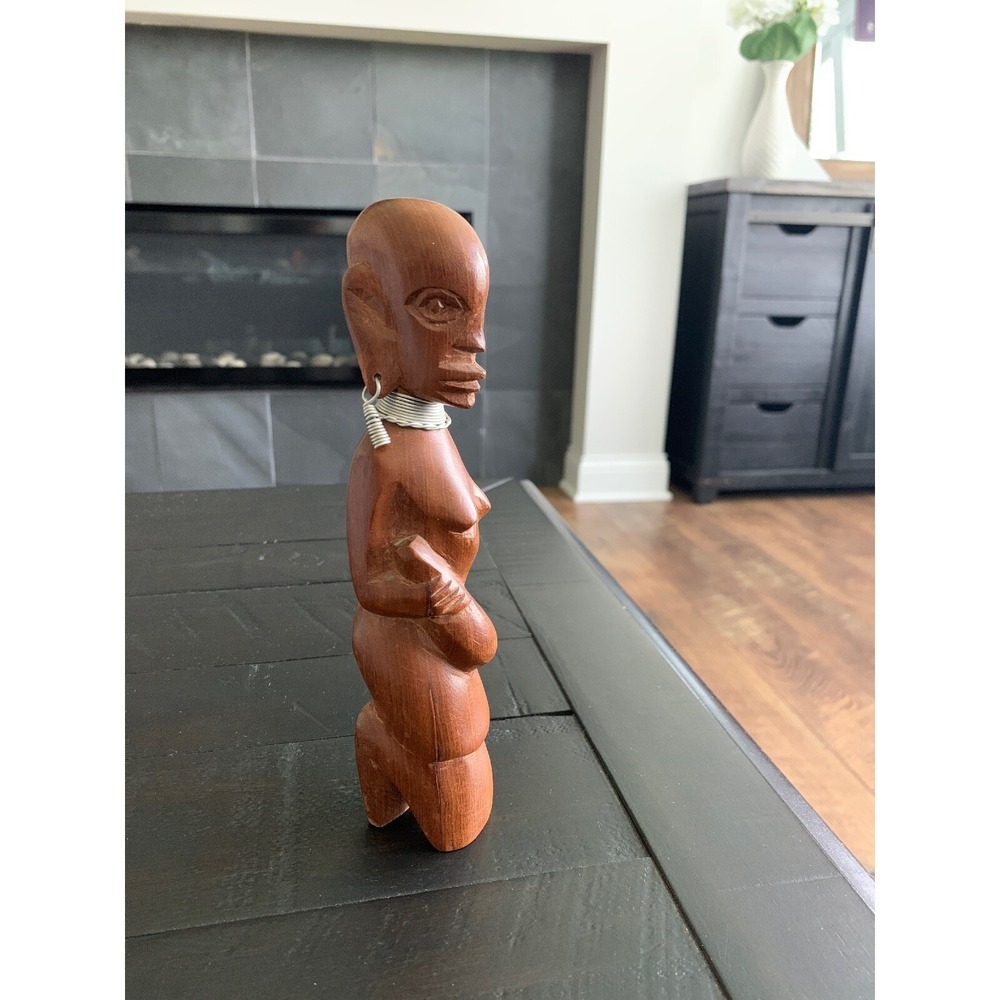 Vintage AFRICAN CARVED WOOD TRIBAL FEMALE FERTILITY GODDESS Statue (E6)